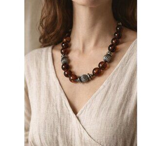 Chunky Amber Tone Bead Necklace Silver Accent Statement Boho Y2K
